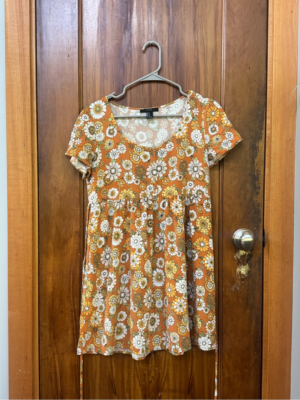 Forever 21 Orange and White Floral Scoop Neck Babydoll Mini Dress M